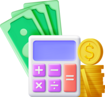 3d moderno calculadora com dourado moedas e contas png