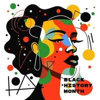 Black History Month graphic square banner. African American rights and culture celebrating. Modern creative placard with abstract person of color. Africa woman in afro flag colors art vector design