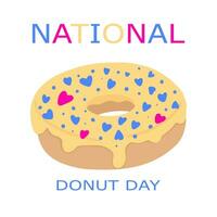 National Donut Day lettering with pink donut. Vector illustration. Cartoon