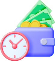 3D Clock with Dollars and Golden Coins in Wallet png