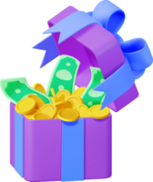 3D Open Gift Box Full of Gold Coins and Dollars png