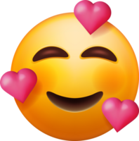 3d amarillo contento emoticon con Tres corazones png