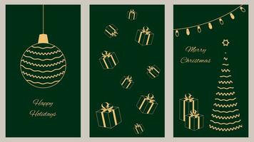 Corporate holiday cards with congratulations and wishes. Universal template. Christmas and New Year. Vector illustration in traditional green color.