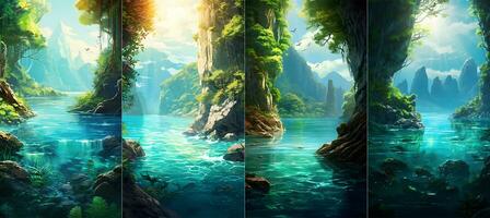 AI generated Tropical forest and river. Collage of underwater landscape photo