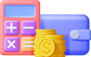 3D Modern Calculator with Golden Coins and Wallet png