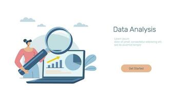 mercado datos tendencia análisis, analizar informes, gráficos, gráficos, y otro negocio datos. mujer de negocios análisis financiero tendencia gráficos y cartas con aumentador vaso. vector diseño ilustrador