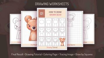 How to Draw a Brown Bear. Step by Step Drawing Tutorial. Draw Guide. Simple Instruction. Coloring Page. Worksheets for Kids and Adults. vector