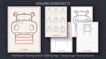 How to Draw a Hippopotamus. Step by Step Drawing Tutorial. Draw Guide. Simple Instruction. Coloring Page. Worksheets for Kids and Adults. Vector eps 10.