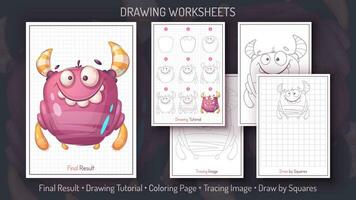 How to Draw a Monster. Step by Step Drawing Tutorial. Draw Guide. Simple Instruction. Coloring Page. Worksheets for Kids and Adalts. vector