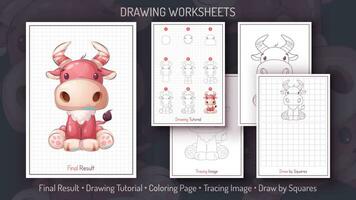How to Draw a Bull. Step by Step Drawing Tutorial. Draw Guide. Simple Instruction. Coloring Page. Worksheets for Kids and Adults. vector