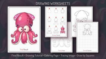 How to Draw a Squid. Step by Step Drawing Tutorial. Draw Guide. Simple Instruction. Coloring Page. Worksheets for Kids and Adults. vector