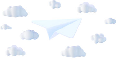 3D White Paper Plane in Sky with Clouds png