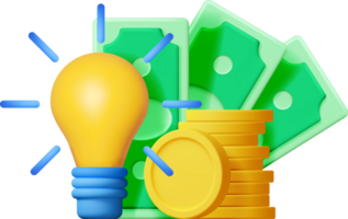 3D Light Bulb with Golden Coins and Banknotes. png
