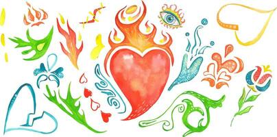 Collection of 18 abstract elements for Valentine's Day. Watercolor. vector