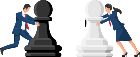 Man and woman competing with chess pieces png