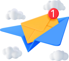 3D Mail Envelope in Paper Plane and Notification png