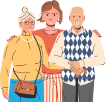 Adult daughter hugging old father and mother png