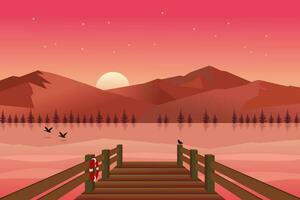 Seashore wooden pier with lake and mountains at sunset. Vector illustration.