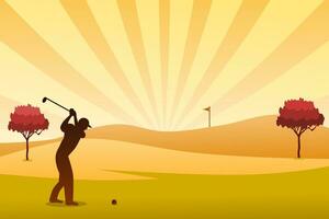 Golf course vector illustration with golf player or golfer at sunset. Outdoor Sport.