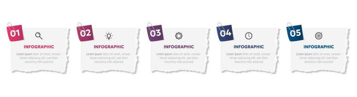Vector illustration paper cut note infographic template with 5 options or step icons.