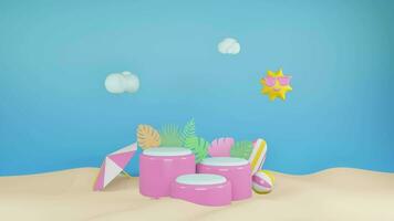 3D animation summer sales social media post template with podium in island or beach, suitable for travel agency or product campaign video