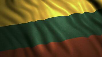 The national flag of Lithuania flutters in the wind. Motion. Wide parallel striped flag with yellow, green, and red colors. photo