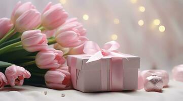 AI generated pink tulips and gift box photo