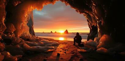 AI generated photographer taking picture in an ice cave near sunset photo