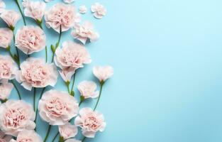 AI generated pink and white carnations are placed on top of a blue background photo