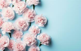 AI generated pink and white carnations are placed on top of a blue background photo