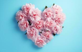 AI generated pink carnations with heart shape on the blue background photo