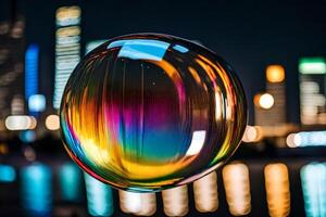 AI generated a colorful bubble with a city skyline in the background photo