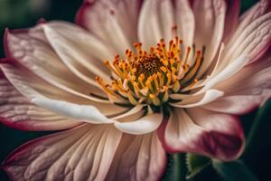 ai generado un cerca arriba de un flor con un amarillo centrar foto