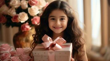 ai generado pequeño niña participación un regalo caja con rosado rosas foto