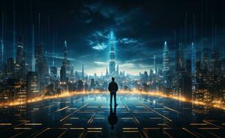 AI generated man stand in the city with blurred lights photo