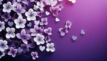 AI generated many hearts, flowers and hearts over purple background photo