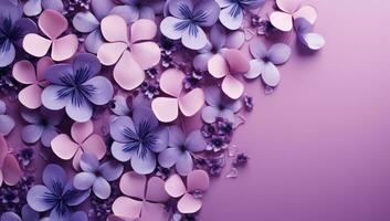 AI generated many hearts, flowers and hearts over purple background photo