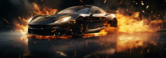 AI generated black fast sports car with flames coming out of its engine photo