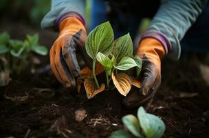 ai generado manos con jardinería guantes participación arriba jardín planta foto