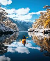 AI generated kayaker paddles down loch ness in snow and ice photo