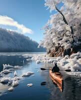 AI generated kayak on loch ness lake, snowy and icy, winter scenery photo