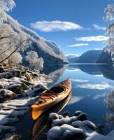 AI generated kayak on loch ness lake, snowy and icy, winter scenery photo