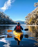 AI generated kayaker paddles down loch ness in snow and ice photo