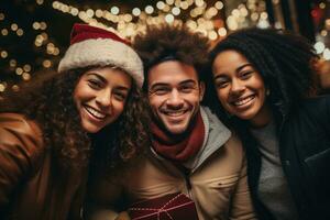 AI generated four people with christmas gifts taking a selfie in front of christmas tree photo