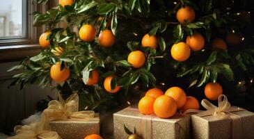 ai generado Fresco naranjas y regalos en un Navidad árbol foto