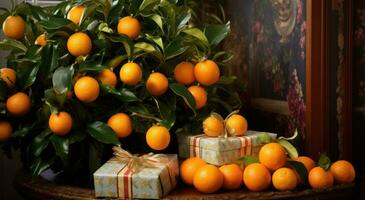 AI generated fresh oranges and gifts on a christmas tree photo