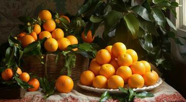 ai generado Fresco naranjas y regalos en un Navidad árbol foto