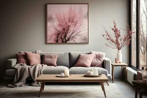 AI generated fresh flowers on the table and furniture in a gray living room photo