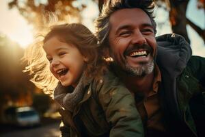 AI generated father and daughter smile and play in a park together photo