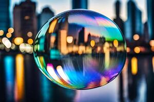 AI generated a colorful bubble with city lights in the background photo